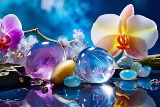 Purple orchid, ice-filled glass, lemon, and vibrant spheres. Fresh and modern, perfect for wellness, beverage, or floral themes. Bright and visually appealing