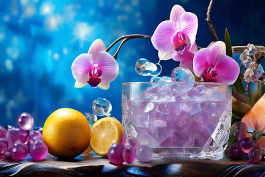 Purple orchid, ice-filled glass, lemon, and vibrant spheres. Fresh and modern, perfect for wellness, beverage, or floral themes. Bright and visually appealing