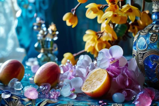 Purple orchid, ice-filled glass, lemon, and vibrant spheres. Fresh and modern, perfect for wellness, beverage, or floral themes. Bright and visually appealing