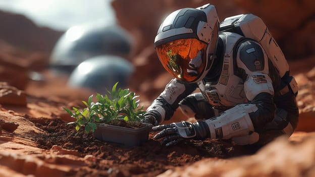 An astronaut in advanced gear plants greenery in the rocky Mars terrain, with futuristic habitat domes in the background of the alien landscape.