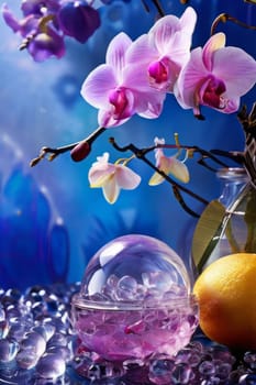 Purple orchid, ice-filled glass, lemon, and vibrant spheres. Fresh and modern, perfect for wellness, beverage, or floral themes. Bright and visually appealing
