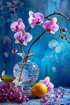 Purple orchid, ice-filled glass, lemon, and vibrant spheres. Fresh and modern, perfect for wellness, beverage, or floral themes. Bright and visually appealing