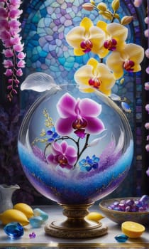 Beautiful purple orchid with ice-filled glass, lemon, and colorful spheres. Modern and fresh design ideal for vibrant, eye-catching promotions