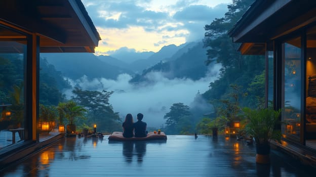 Romantic couple sitting on a terrace with lanterns, overlooking a misty valley surrounded by lush greenery at sunrise.