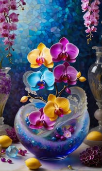 Beautiful purple orchid with ice-filled glass, lemon, and colorful spheres. Modern and fresh design ideal for vibrant, eye-catching promotions