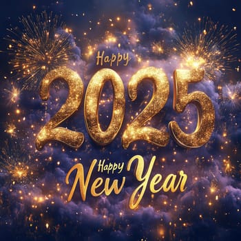 Festive Happy New Year 2025 design featuring golden numbers, fireworks, and sparkling lights on a dark celebratory background.
