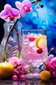 Beautiful purple orchid with ice-filled glass, lemon, and colorful spheres. Modern and fresh design ideal for vibrant, eye-catching promotions