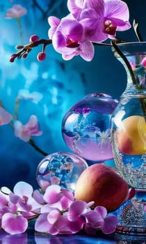 Beautiful purple orchid with ice-filled glass, lemon, and colorful spheres. Modern and fresh design ideal for vibrant, eye-catching promotions