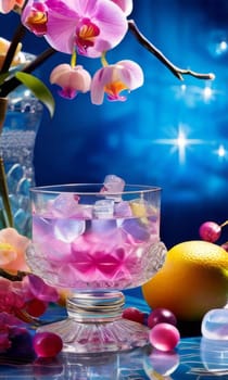 Beautiful purple orchid with ice-filled glass, lemon, and colorful spheres. Modern and fresh design ideal for vibrant, eye-catching promotions