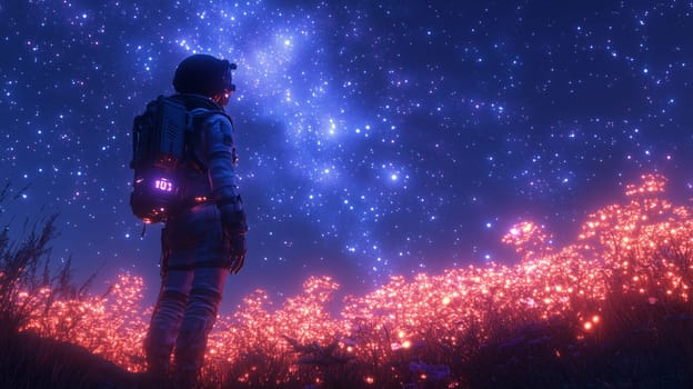 Futuristic astronaut stands on an alien terrain with vibrant glowing flora, admiring a vast star-filled sky in a cosmic setting.
