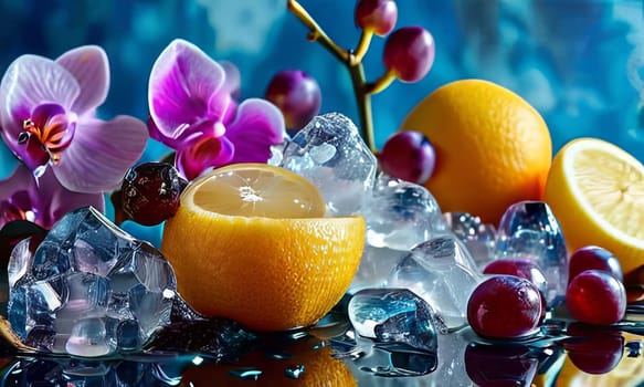 Purple orchid with crystal glass, ice, lemon, and vibrant spheres. Perfect for fresh, colorful compositions in beverage, wellness, or floral contexts