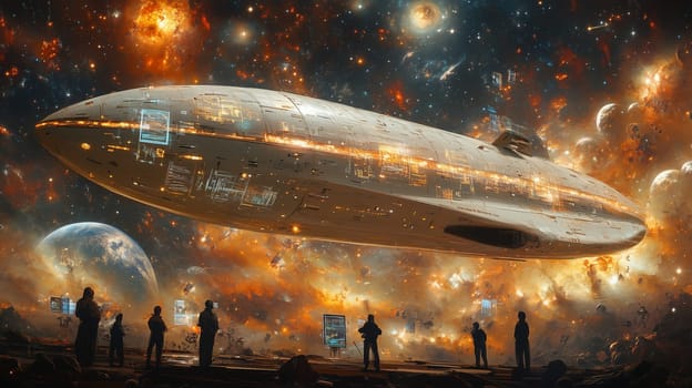 A futuristic spaceship with glowing panels floats above a vivid galactic background, observed by silhouettes against an alien terrain.