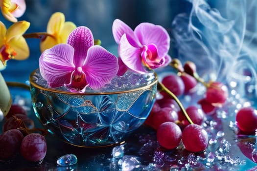 Purple orchid with crystal glass, ice, lemon, and vibrant spheres. Perfect for fresh, colorful compositions in beverage, wellness, or floral contexts