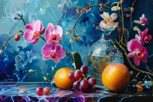Purple orchid with crystal glass, ice, lemon, and vibrant spheres. Perfect for fresh, colorful compositions in beverage, wellness, or floral contexts