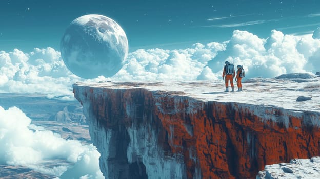 Two astronauts in orange suits stand on a massive cliff, gazing at a distant moon and surreal alien landscape above the clouds.