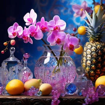 Purple orchid with crystal glass, ice, lemon, and vibrant spheres. Perfect for fresh, colorful compositions in beverage, wellness, or floral contexts