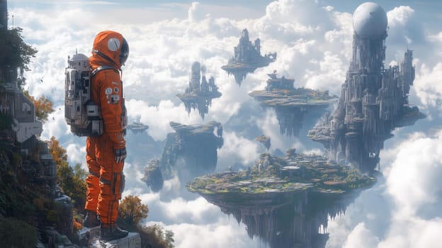 An astronaut in an orange suit stands on a cliff, overlooking floating cities and towering structures suspended amidst clouds in a surreal alien landscape.