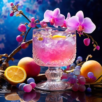 Purple orchid with crystal glass, ice, lemon, and vibrant spheres. Perfect for fresh, colorful compositions in beverage, wellness, or floral contexts