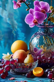 Beautiful purple orchid with ice-filled glass, lemon, and colorful spheres. Modern and fresh design ideal for vibrant, eye-catching promotions