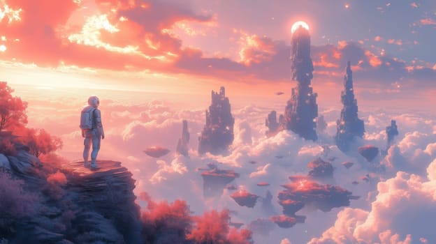 An astronaut stands on a cliff, overlooking a surreal landscape of floating islands, towering spires, and vibrant clouds illuminated by a glowing sunset.