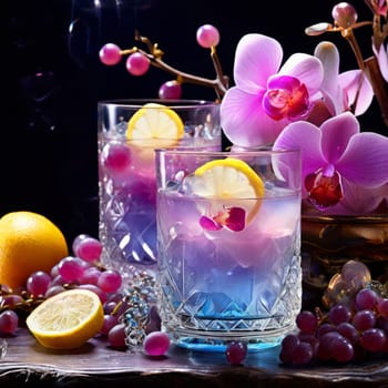 Elegant purple orchid, ice-filled glass, lemon, and colorful spheres. Bright, modern aesthetic ideal for floral, wellness, or beverage themes