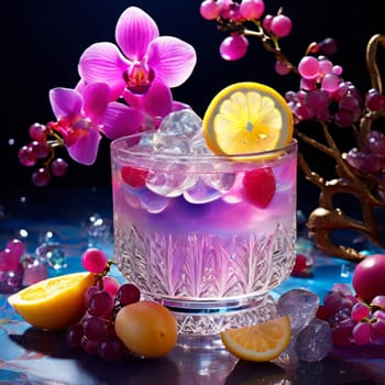 Elegant purple orchid, ice-filled glass, lemon, and colorful spheres. Bright, modern aesthetic ideal for floral, wellness, or beverage themes