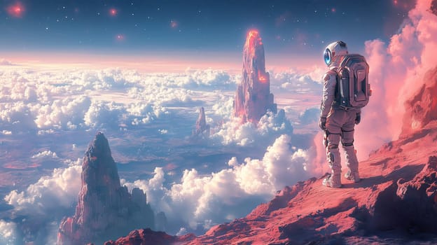An astronaut stands on an alien cliff, overlooking towering rock formations and a sea of clouds under a starry sky. A surreal and otherworldly scene.