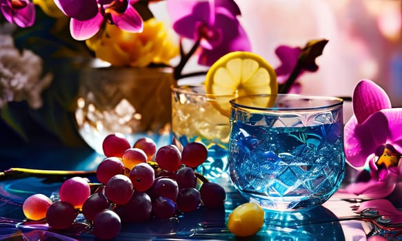 Elegant purple orchid, ice-filled glass, lemon, and colorful spheres. Bright, modern aesthetic ideal for floral, wellness, or beverage themes