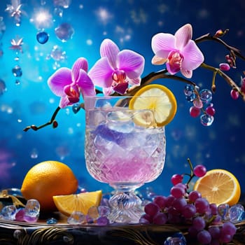 Elegant purple orchid, ice-filled glass, lemon, and colorful spheres. Bright, modern aesthetic ideal for floral, wellness, or beverage themes