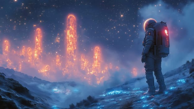 Futuristic astronaut stands on an alien terrain, admiring mysterious glowing towers amidst a star-filled cosmic sky.