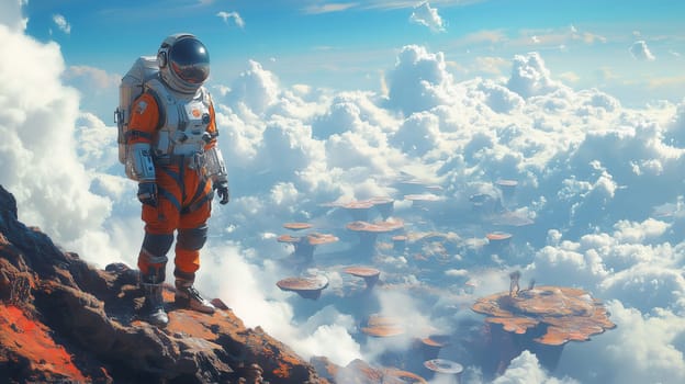 An astronaut in an orange suit stands on a rocky cliff, overlooking a surreal landscape of floating plateaus amidst clouds under a clear blue sky.