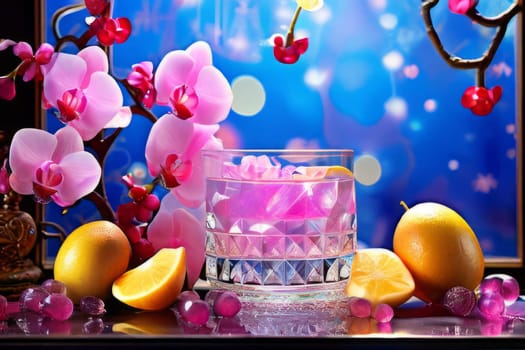 Elegant purple orchid, ice-filled glass, lemon, and colorful spheres. Bright, modern aesthetic ideal for floral, wellness, or beverage themes