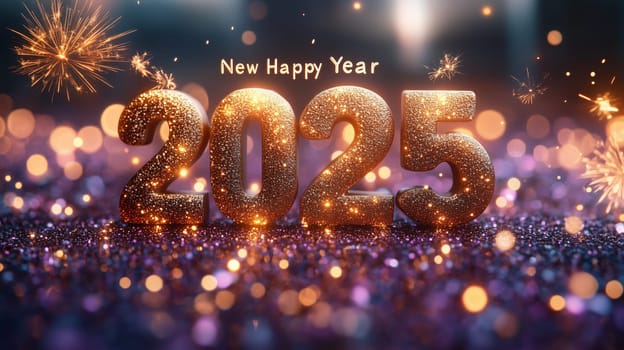 Glittery golden 2025 numbers with fireworks and bokeh lights create a festive and vibrant Happy New Year design on a sparkling background.