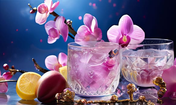 Purple orchid beside ice-filled glass, lemon, and vibrant spheres. Fresh and visually appealing, perfect for wellness, floral, or culinary designs
