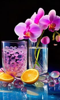 Purple orchid beside ice-filled glass, lemon, and vibrant spheres. Fresh and visually appealing, perfect for wellness, floral, or culinary designs