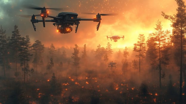 Advanced drones operate over a burning forest during a fiery sunset, surrounded by glowing embers and dense smoke.