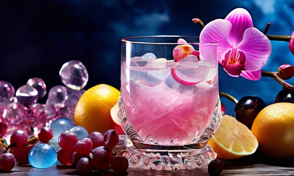 Purple orchid beside ice-filled glass, lemon, and vibrant spheres. Fresh and visually appealing, perfect for wellness, floral, or culinary designs