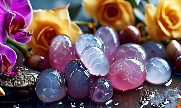 Purple orchid beside ice-filled glass, lemon, and vibrant spheres. Fresh and visually appealing, perfect for wellness, floral, or culinary designs