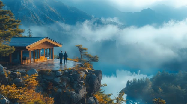 Two people standing on a wooden terrace beside a modern cabin, overlooking a foggy mountain landscape with autumn foliage and a calm lake.
