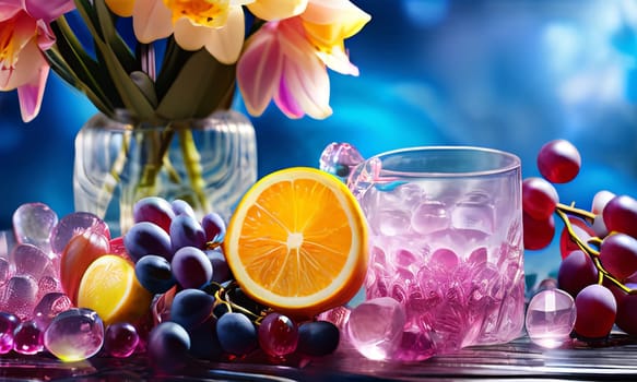 Captivating purple orchid, glass of ice, lemon, and colorful spheres. Bright, modern design perfect for beverage, wellness, or floral promotions
