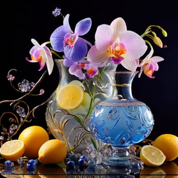 Captivating purple orchid, glass of ice, lemon, and colorful spheres. Bright, modern design perfect for beverage, wellness, or floral promotions