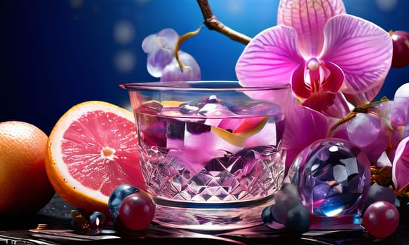 Captivating purple orchid, glass of ice, lemon, and colorful spheres. Bright, modern design perfect for beverage, wellness, or floral promotions