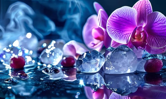 Captivating purple orchid, glass of ice, lemon, and colorful spheres. Bright, modern design perfect for beverage, wellness, or floral promotions