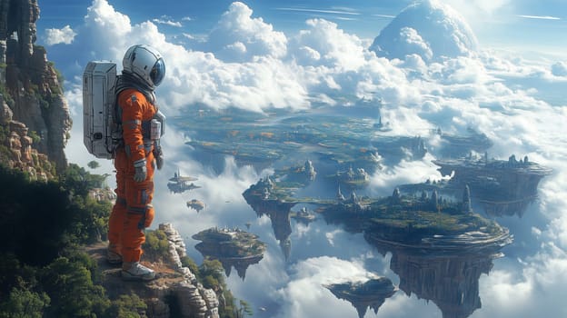 An astronaut in an orange suit stands on a cliff, overlooking a vast landscape of floating islands and lush greenery under a bright, cloud-filled sky.