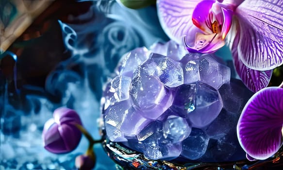 Captivating purple orchid, glass of ice, lemon, and colorful spheres. Bright, modern design perfect for beverage, wellness, or floral promotions