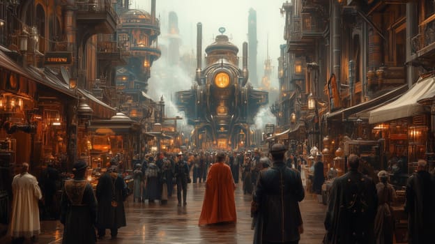 A bustling steampunk cityscape with people in period-inspired clothing surrounded by intricate futuristic machinery and glowing lights.