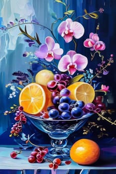 Captivating purple orchid, glass of ice, lemon, and colorful spheres. Bright, modern design perfect for beverage, wellness, or floral promotions