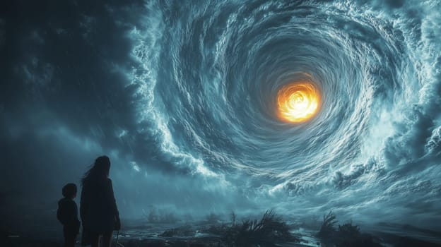 A dramatic scene of a woman and child standing in the rain, gazing at a glowing, swirling vortex in a dark, stormy sky.