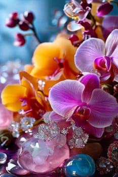 Stunning purple orchid with ice-filled glass, lemon, and vibrant spheres. Fresh and colorful composition ideal for floral, beverage, or wellness sectors