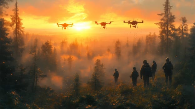 A group of people watches drones flying over a misty forest during sunrise, creating a scene of technological intervention in nature.